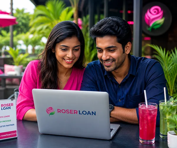 Sri Lankan couple applying for an online loan in an outdoor cafe