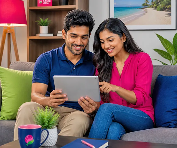 Couple comparing online loan companies at home in Sri Lanka